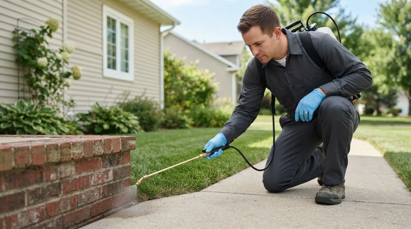 Pest control technician treating a home near East Greenville, PA